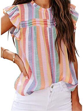 Striped Ruffle Sleeve Tank Top Sleeveless Loose Fit Summer Casual Blouse Women
